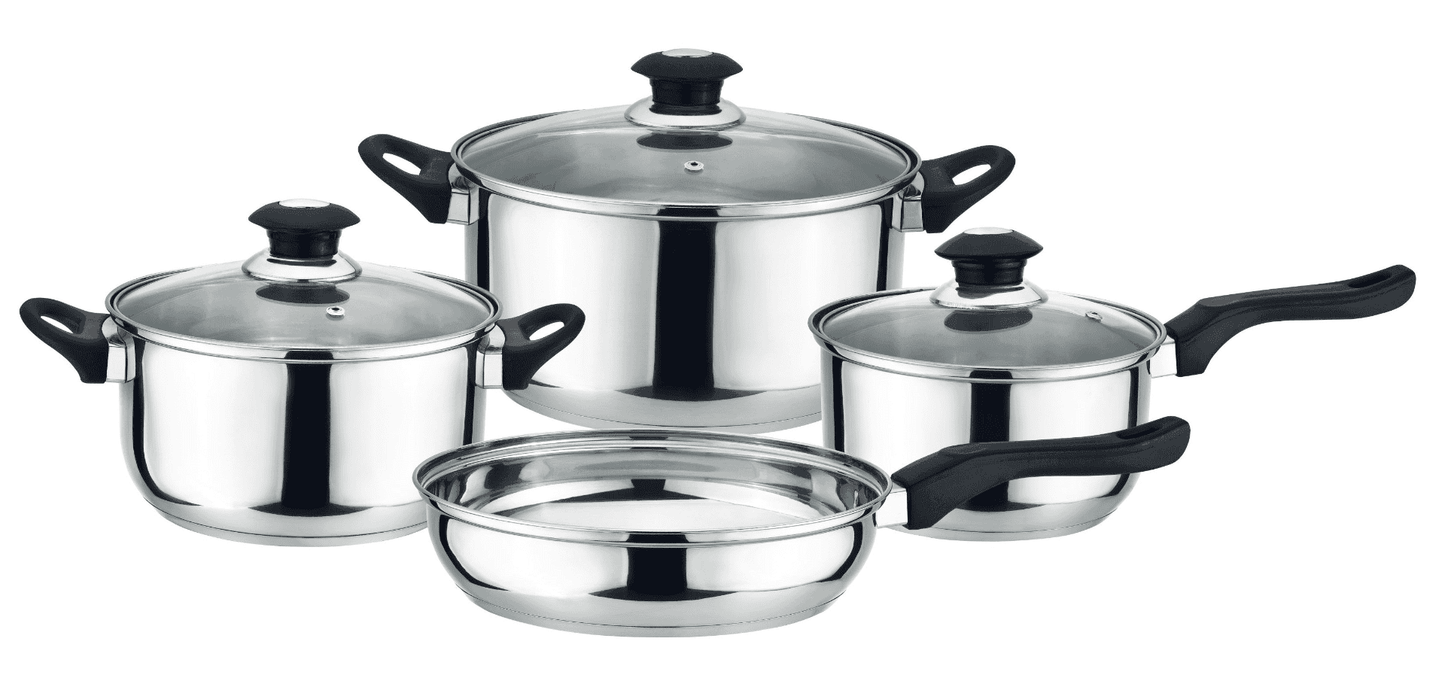 Stainless steel cookware set with glass lids and black handles