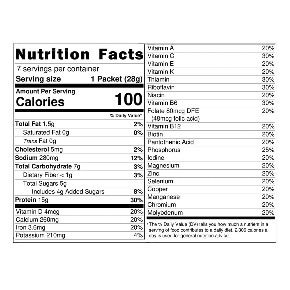 Nutrition facts label for a product with detailed calorie and nutrient information.