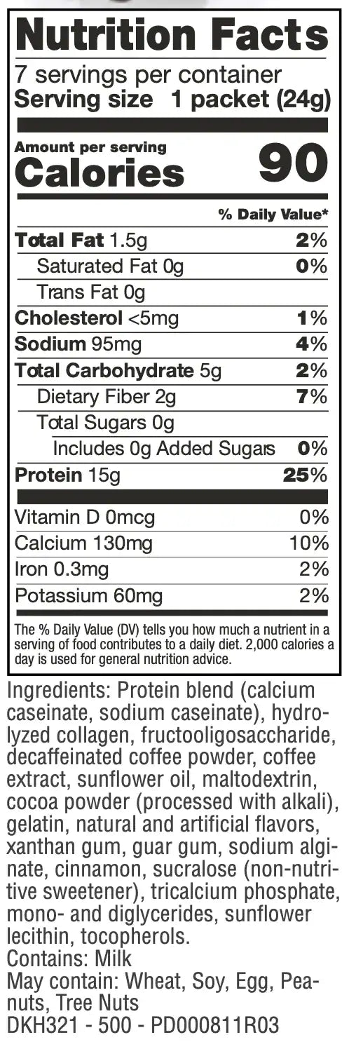 Nutrition facts label for a protein blend package