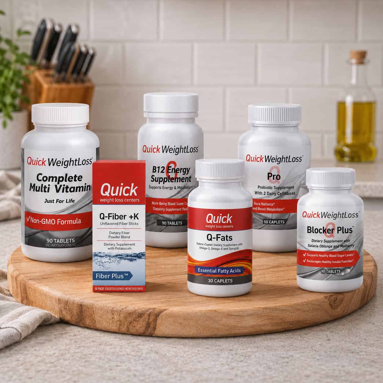 Assorted health supplement bottles on a wooden cutting board .