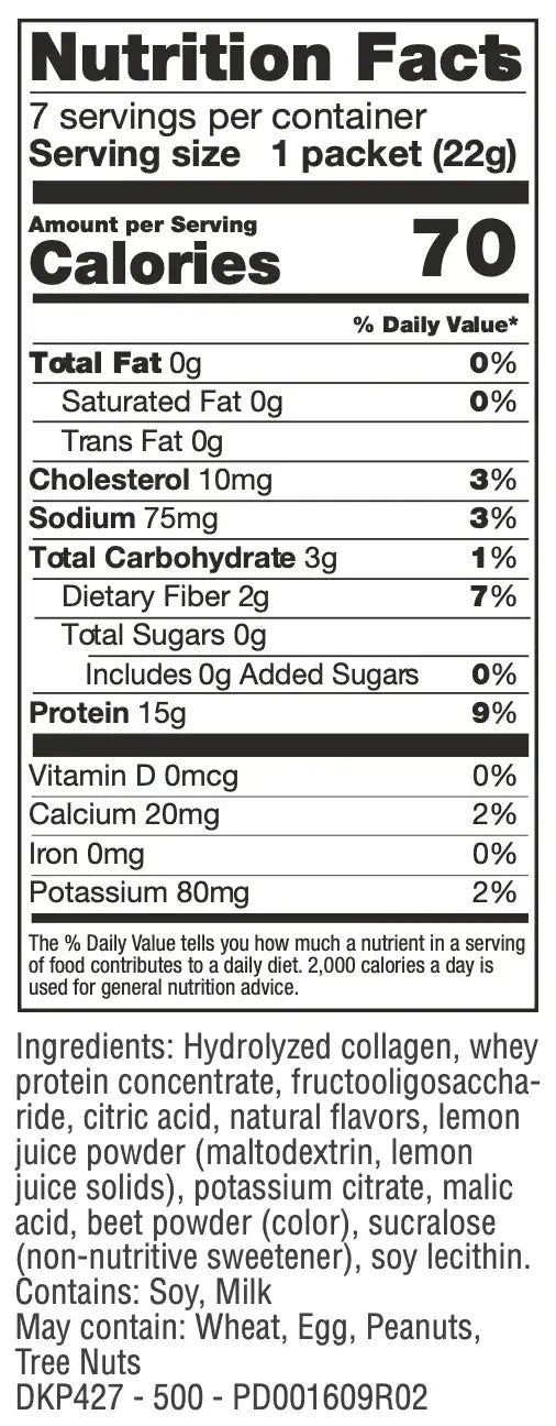 Nutrition facts label for a product with detailed information on calories, macronutrients, and micronutrients per serving.