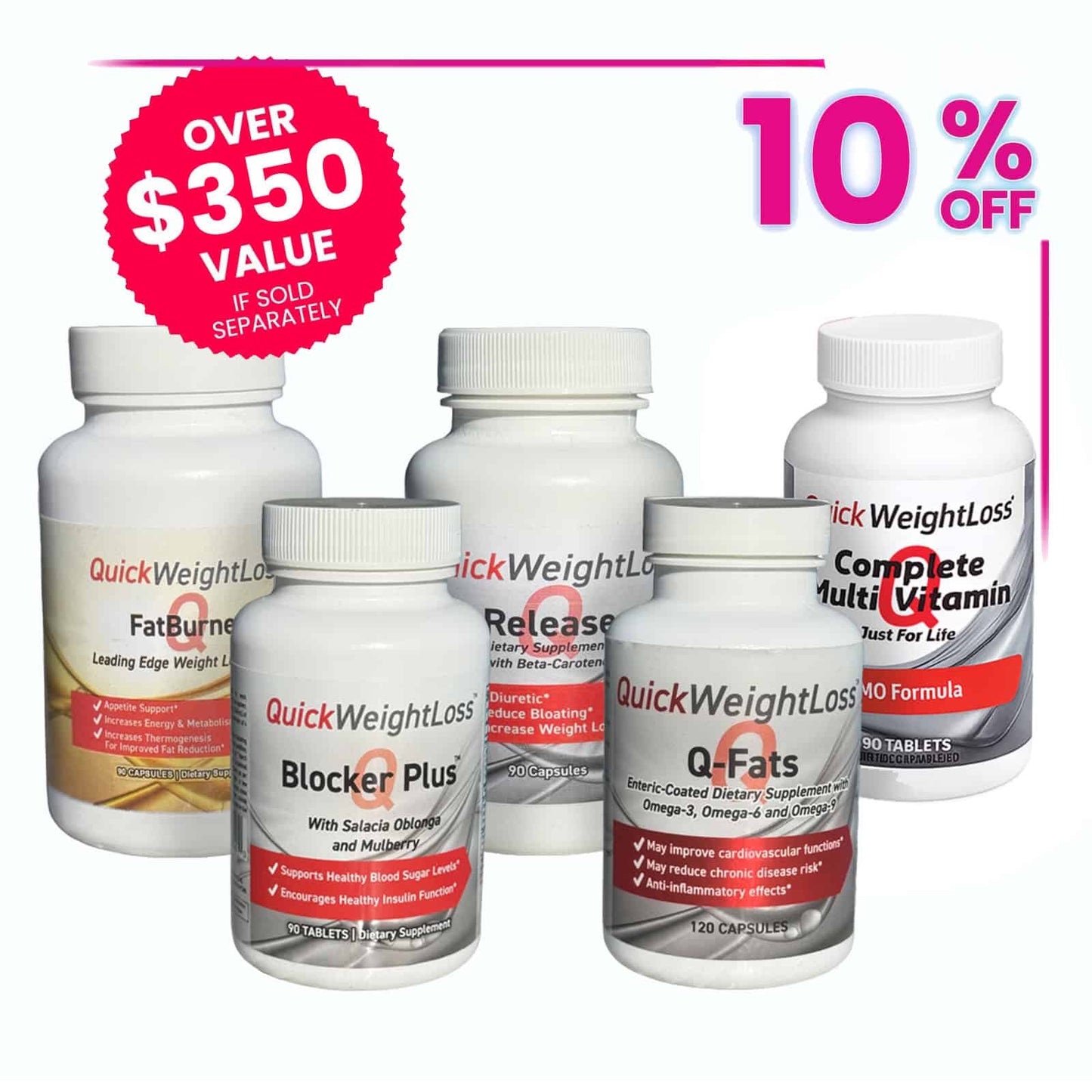 Collection of QuickWeightLoss supplement bottles .