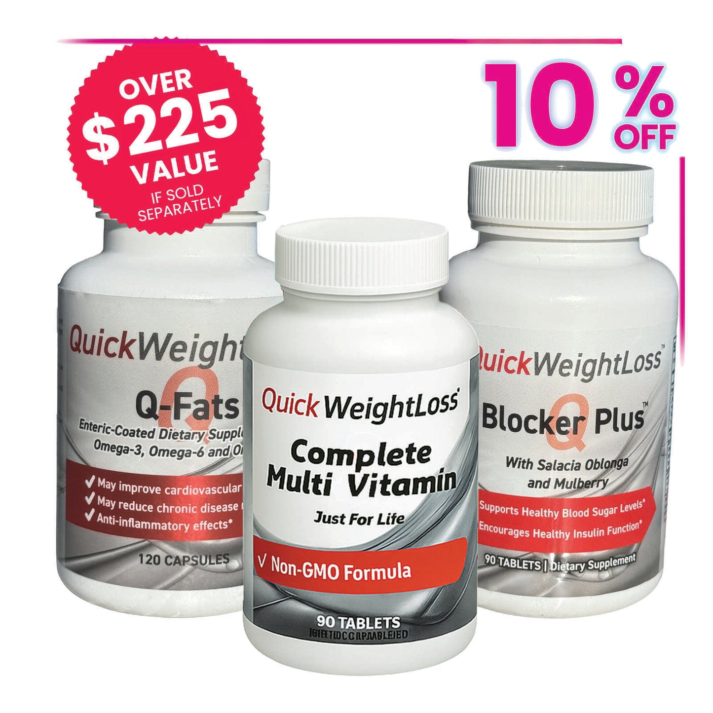 Three supplement bottles with labels for QuickWeight, Q-Fats, Complete Multi Vitamin, and Blocker Plus.