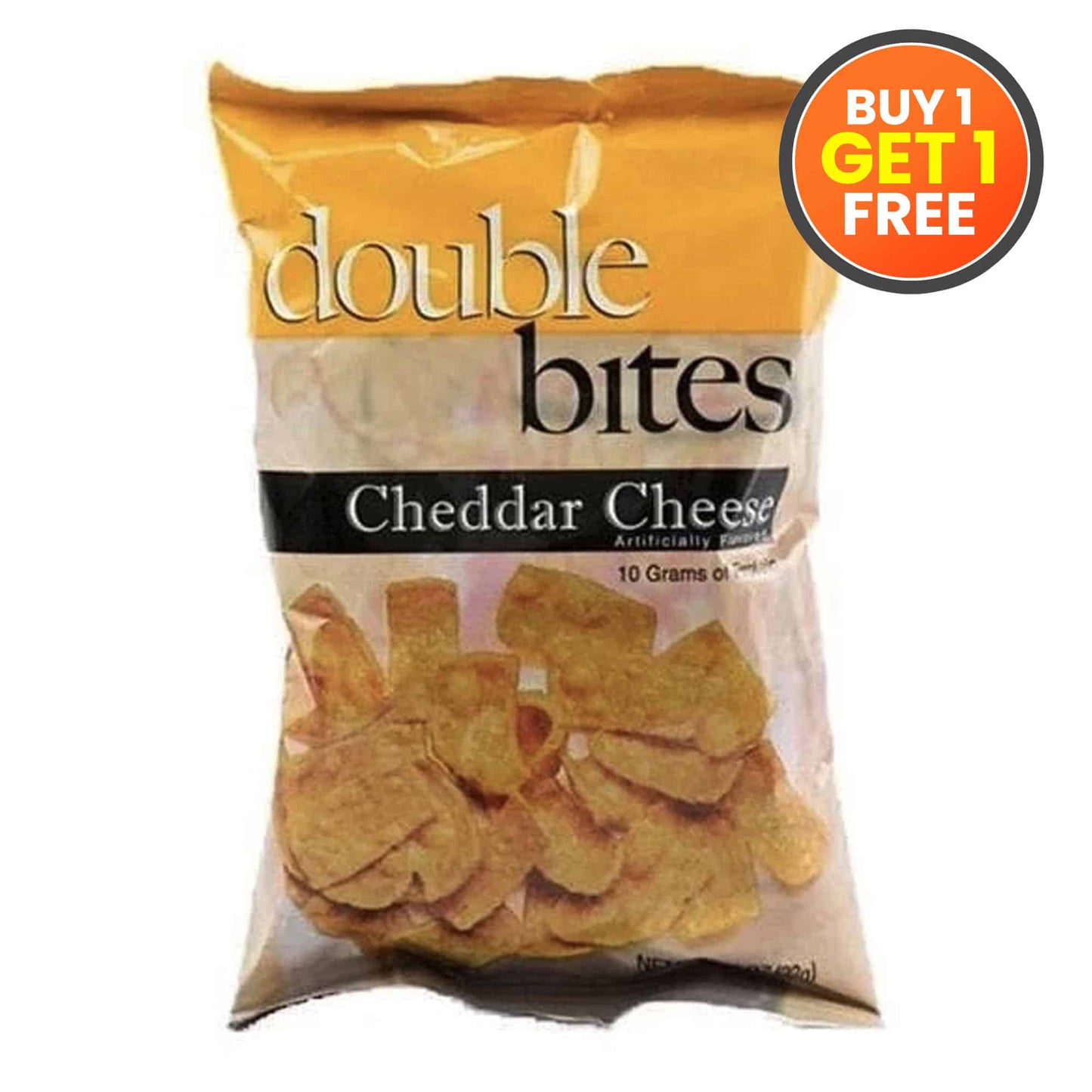 Packaged snack labeled 'double bites Cheddar Cheese' with a 'Buy 1 Get 1 Free' offer.