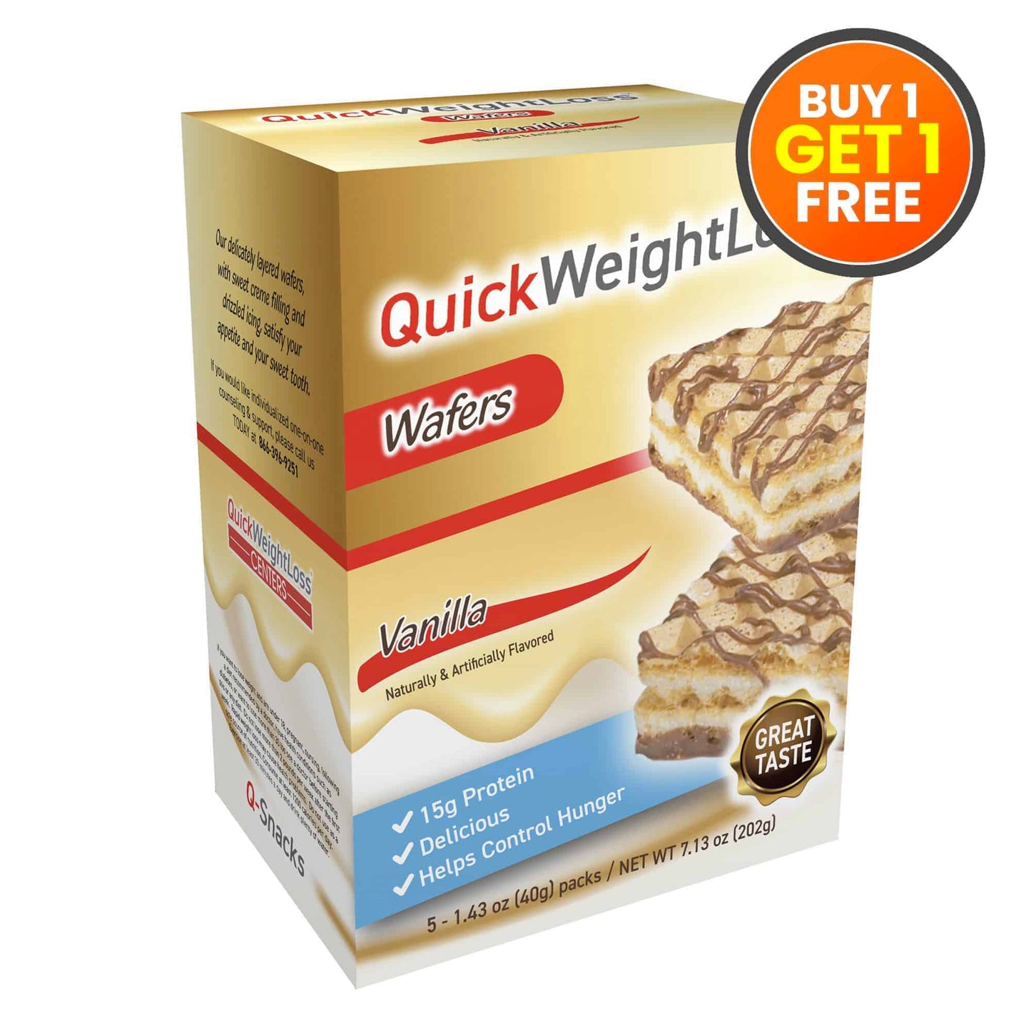 Box of QuickWeight Vanilla Wafers with promotional text .