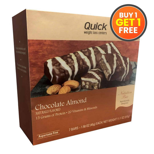 Box of Quick weight loss centers Chocolate Almond flavored bars with a 'Buy 1 Get 1 Free' offer.