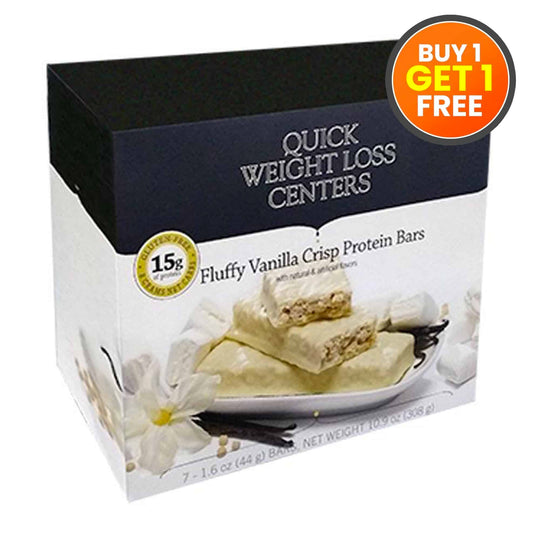 Protein bar packaging with 'Quick Weight Loss Centers' branding and 'Fluffy Vanilla Crisp' flavor description.